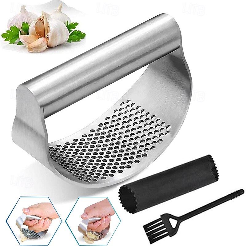 Garlic Press Set - Stainless Steel Rocker Garlic Press with Black Peeler and Cleaning Brush, Mincer Crusher and Chopper for Easy Garlic Preparation
