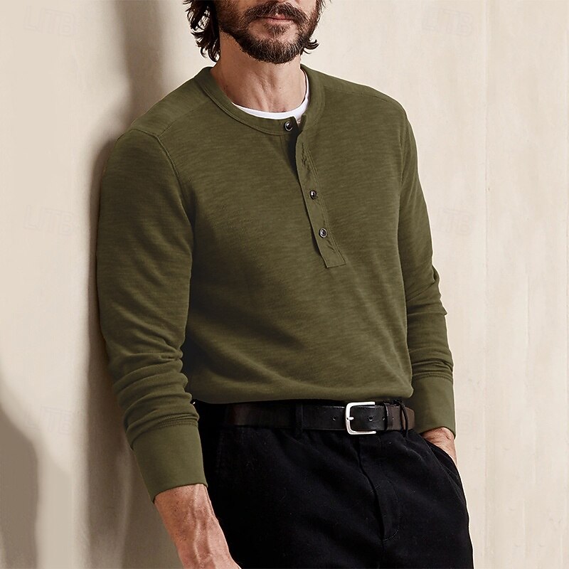 Men's Button T Shirt T Shirt Henley Shirt Tee Long Sleeve Henley Spring &  Fall Plain Fashion Designer Basic Vacation Street Going out Black Dark Red Royal Blue Top Tee for Men4