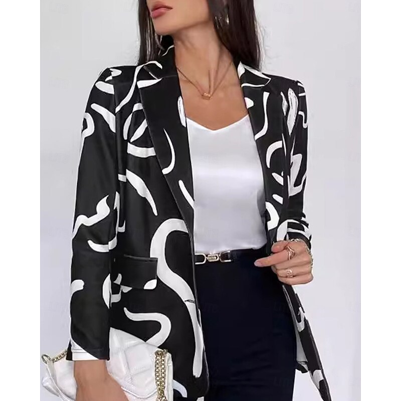 Women's Blazer Work Print Geometric Casual / Daily Stylish Regular Fit Outerwear Long Sleeve Spring Black S3