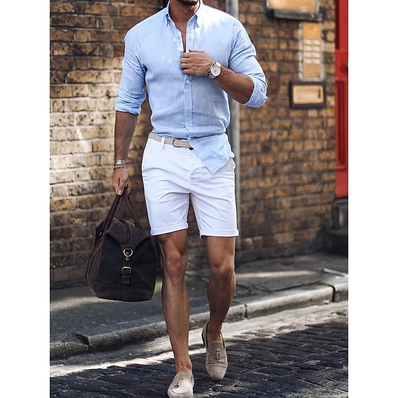 Men's Shirt Summer Shirt Casual Shirt Button Up Shirt Black White Pink Blue Green Long Sleeve Plain Lapel Vacation Daily Clothing Apparel Cotton Cotton Blend Fashion Casual Comfortable3