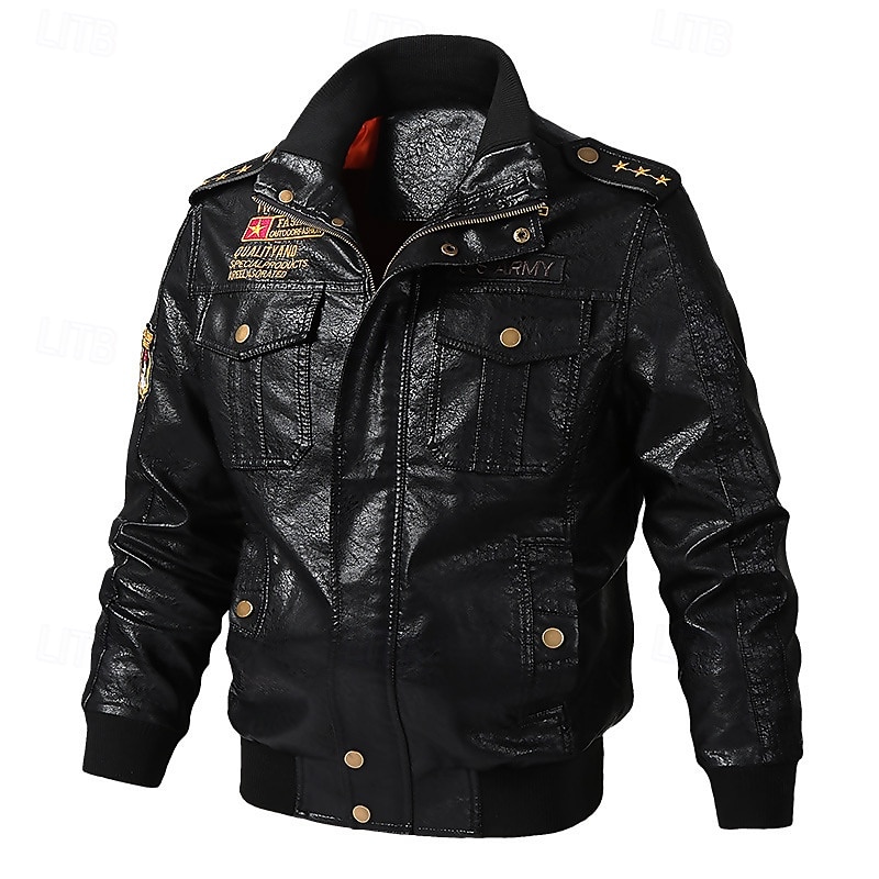 Men's Faux Leather Jacket Bomber Jacket Transition Jacket Biker Jacket Vacation Daily Windproof Warm Pocket Fall & Winter Plain Fashion Classic Stand Collar Regular Faux Leather Black Green Coffee3