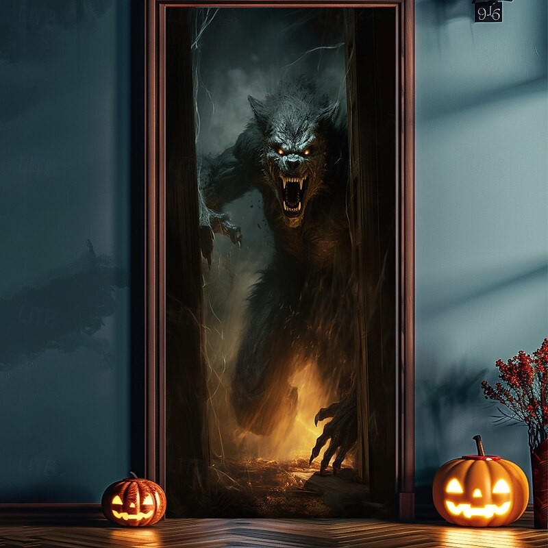 Halloween Door Decorations Halloween Door Covers Werewolf Skeleton Door Tapestry Door Curtain Decoration Backdrop Door Banner for Front Door Farmhouse Holiday Party Indoor Outdoor Decor Supplies4