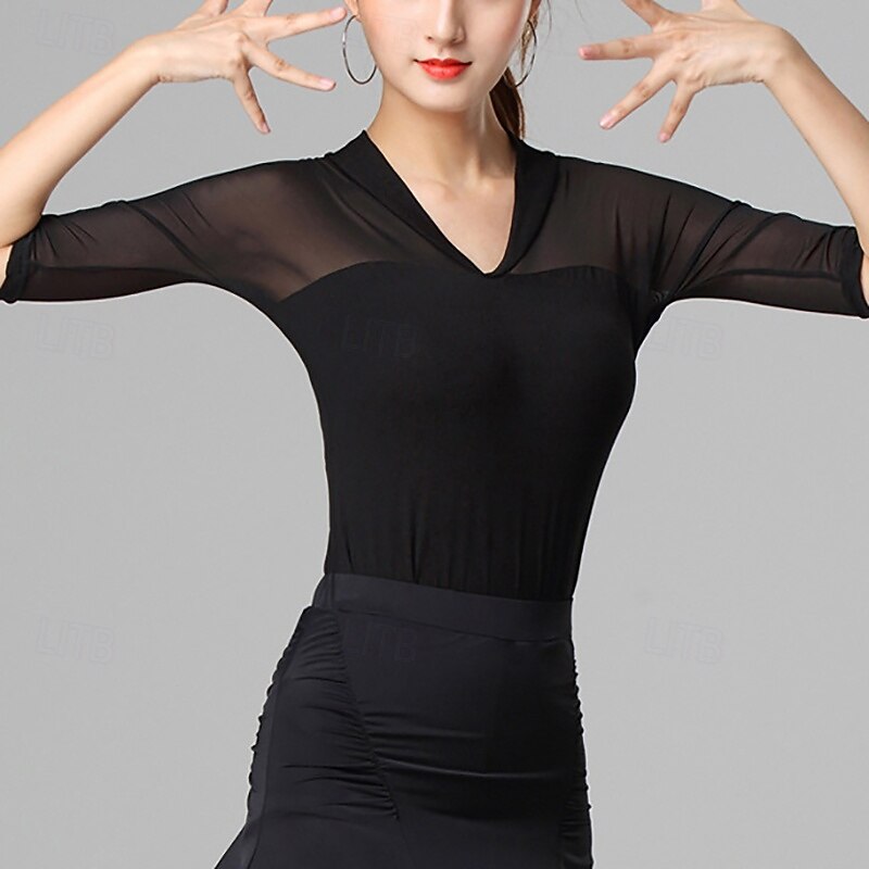 Latin Dance Top Pure Color Splicing Tulle Women's Performance Training Half Sleeve High Polyester4