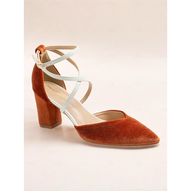 Chic Two-Tone Women's Ankle Strap Heels - Elegant Suede Finish in Burnt Orange and Cream, Perfect for Office Wear and Evening Outfits2