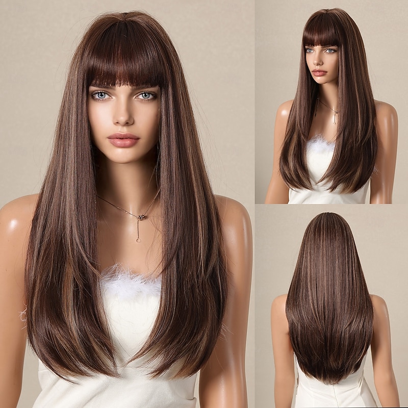 Synthetic Wig Straight kinky Straight Middle Part Wig 26 inch Dark Brown Synthetic Hair Women's Middle Part Cool Adorable Dark Brown