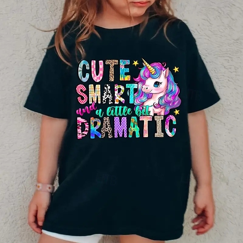 100% Cotton Kids Girls' Black Cartoon Unicorn Letters T shirt Tee Crew Neck Short Sleeve Outdoor Daily Vacation Classic Casual Print Summer - Main Image
