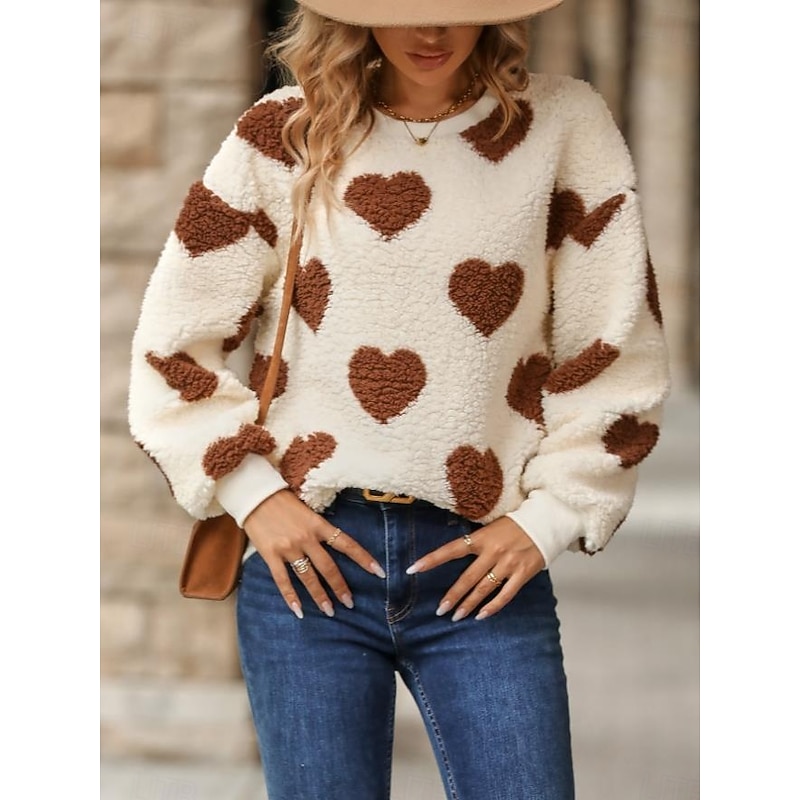 Women's Sweatshirt Elegant Fashion Comfrt Fleece Heart Work Dailywear Casual Crew Neck Patchwork Long Sleeve Khaki Fall Winter