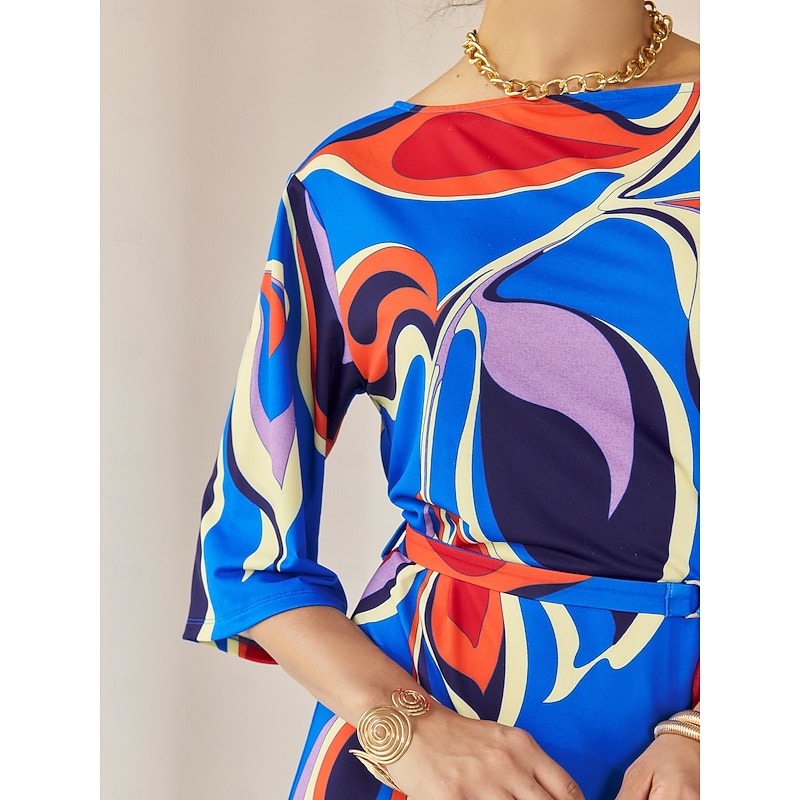 Loose Floral Printing Fall Crew Neck Daily Casual Knee Length Dress3