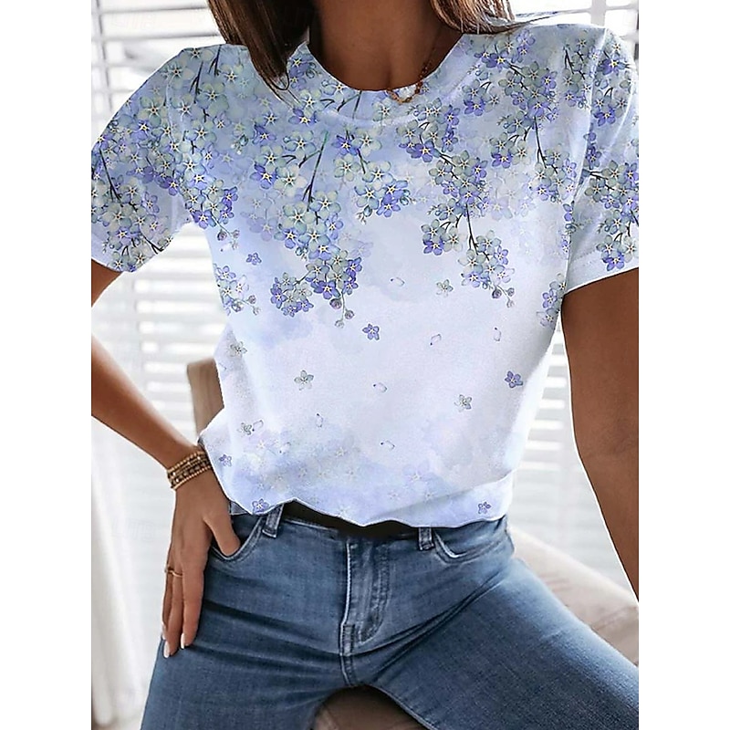 Women's T Shirt Casual Print Short Sleeve Regular Tops Daily Pink Blue Summer2