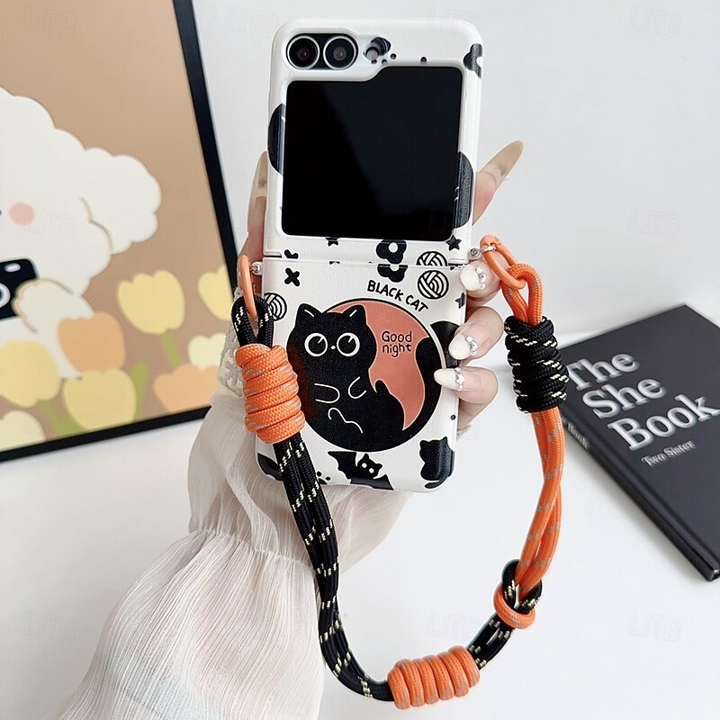 Phone Case For Samsung Galaxy Z Flip 7 Z Flip 6 Z Flip 5 Z Flip 4 Z Flip 3 Back Cover with Wrist Strap Shockproof Cartoon Cat TPU PC4