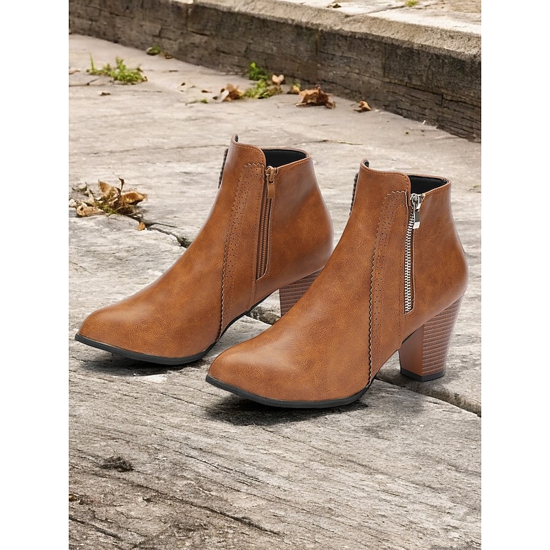 Women's Brown Faux Leather Ankle Boots with Side Zipper and Block Heel - Vintage Style for Casual and Dressy Occasions