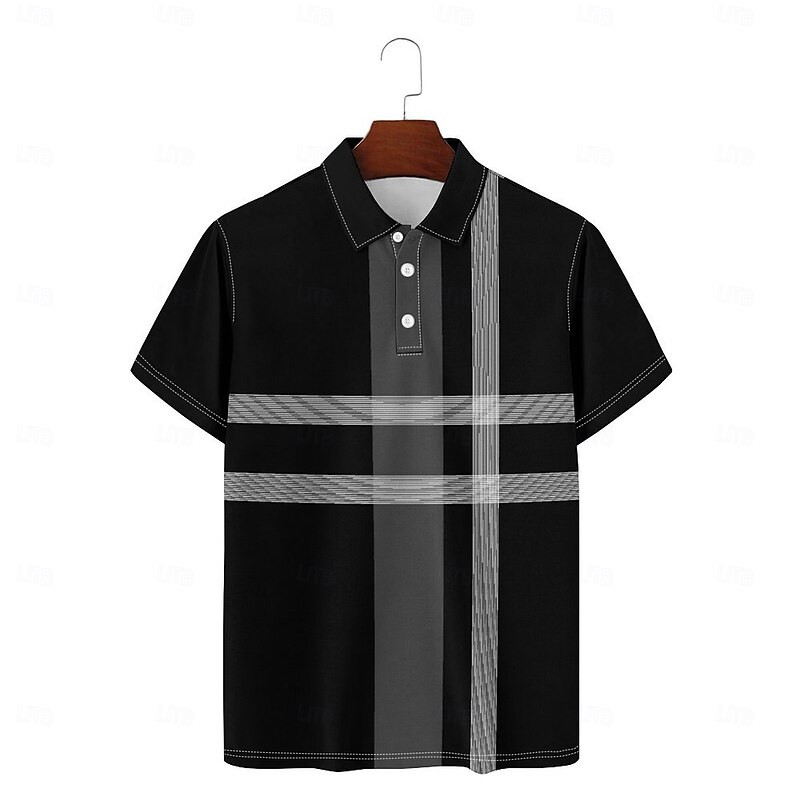 Stripes and Plaid Men's Casual Print Polo Set Casual Daily Wear 95% Polyester 5% Spandex Short Sleeve Turndown Polo Shirts Black Spring & Summer S M L Micro-elastic Lapel Polo3