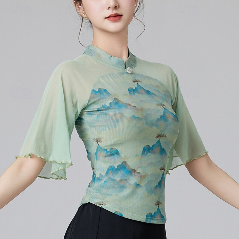 Latin Dance Top Splicing Tulle Women's Performance Training Half Sleeve High Polyester3