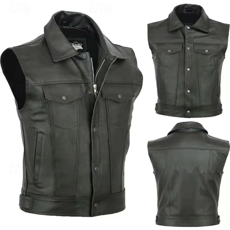Men's Vest Gilet Daily Vacation Fashion Business Spring &  Fall Pocket Polyester Leather Comfortable Solid Color Zipper Lapel Regular Fit Black Vest