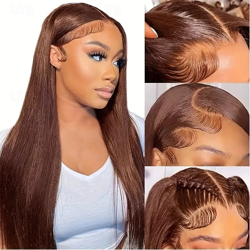 Human Hair 360 Lace Wig 4# Brown Transparent Straight Lace Front Human Hair Wigs3