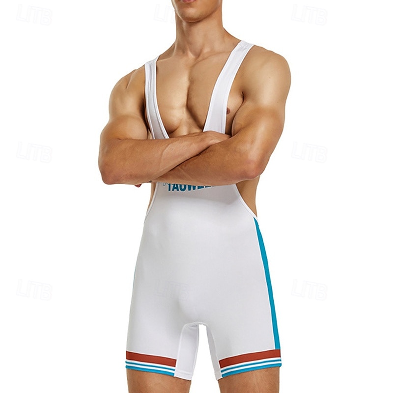 Men's Wrestling Suit Body Shaping Jumpsuit Shapewear Breathable Quick Dry High Stretch Summer Spring Polyester Outdoor Walking Jogging White Blue3