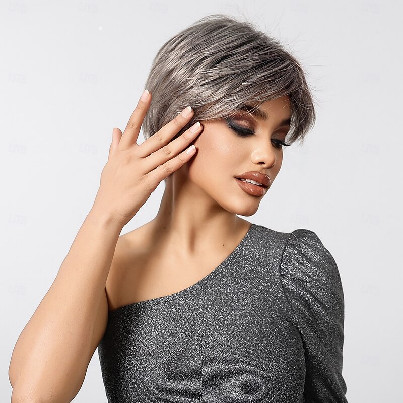 Synthetic Wig Uniforms Career Costumes Princess Straight kinky Straight Middle Part Layered Haircut Machine Made Wig 10 inch Grey Synthetic Hair Women's Cosplay Party Fashion Gray2