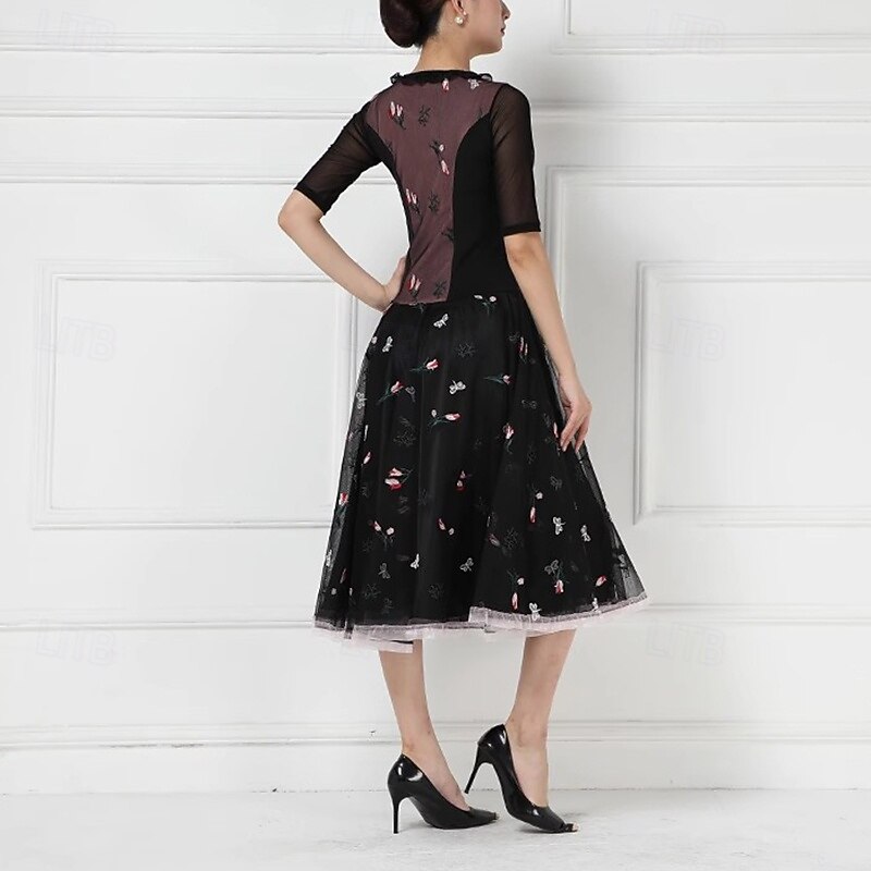 Ballroom Dance Dress Embroidery Splicing Women's Performance Party Short Sleeve Crystal Cotton Mesh2