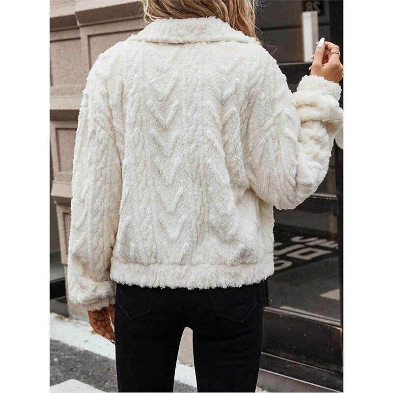 Women's Fleece Jacket Teddy Coat Warm Breathable Buttons Pocket Casual Plain Vacation Street Daily Wear Going out Single Breasted Regular Turndown Regular Fit Long Sleeve Outerwear White Fall Winter3