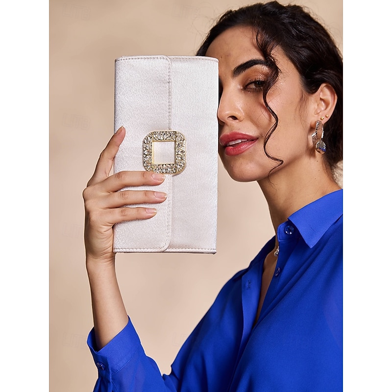 Women's White Satin Clutch with Rhinestone Buckle - Elegant Evening Bag for Special Occasions2