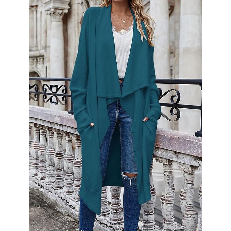 Women's Sweater Jacket Stylish Solid Color Open Front Pocket Batwing Sleeve Long Sleeve Long Tops Knit Work Black Wine Fall Winter4