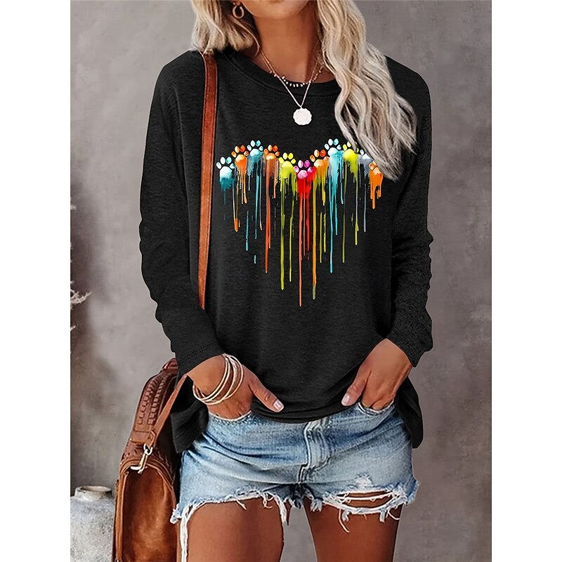 Women's T Shirt Ombre Heart Casual Long Sleeve Crew Neck Regular Tops Daily Print Black Spring Fall