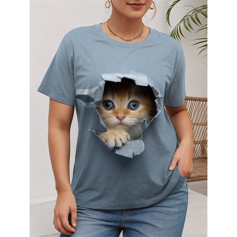 Women's Plus Size Tops T shirt Tee Cat Print Short Sleeve V Neck Casual Daily Summer White Blue