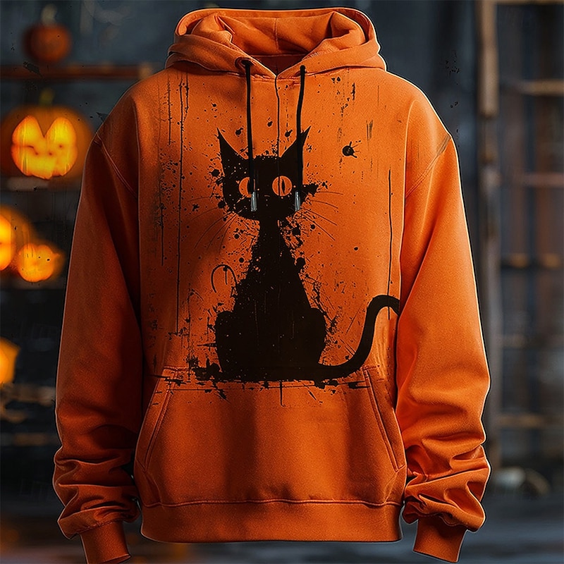 Halloween Men's Cat Pumpkin Hoodie Hoodies Sweatshirt Fashion Cowboy Long Sleeve Hooded Orange Pocket 3D Print Fall Winter Designer