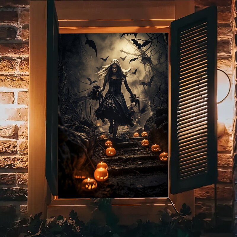 Halloween Window Cover Decorations, Fabric Witch Stair Halloween Curtain Horror Movie Poster Window Door Covering Decor for Haunted House, Scary Halloween Window Clings Decals Indoor Outdoor