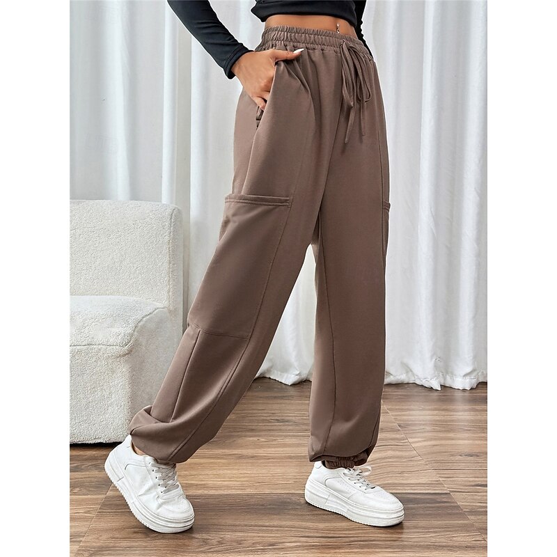 Women's Sweatpants Chinos Fashion Streetwear Full Length High Waist Plain Pocket Elastic Waistband Comfy Soft Comfortable Micro-elastic Outdoor Street Brown Fall Winter Regular Fit3
