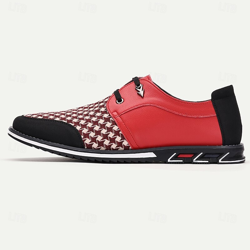 Men's Red and Black Houndstooth Pattern Faux Leather Sneakers with Lace-Up Design and Cushioned Sole - Trendy Casual Shoes for Everyday Wear3