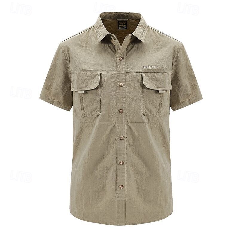 Men's Shirt Workwear Shirts Casual Shirt Work Shirt Button Up Shirt Cargo Shirt Black Blue khaki Army Green Gray Short Sleeve Plain Lapel Vacation Holiday Front Pocket Clothing Apparel Polyester