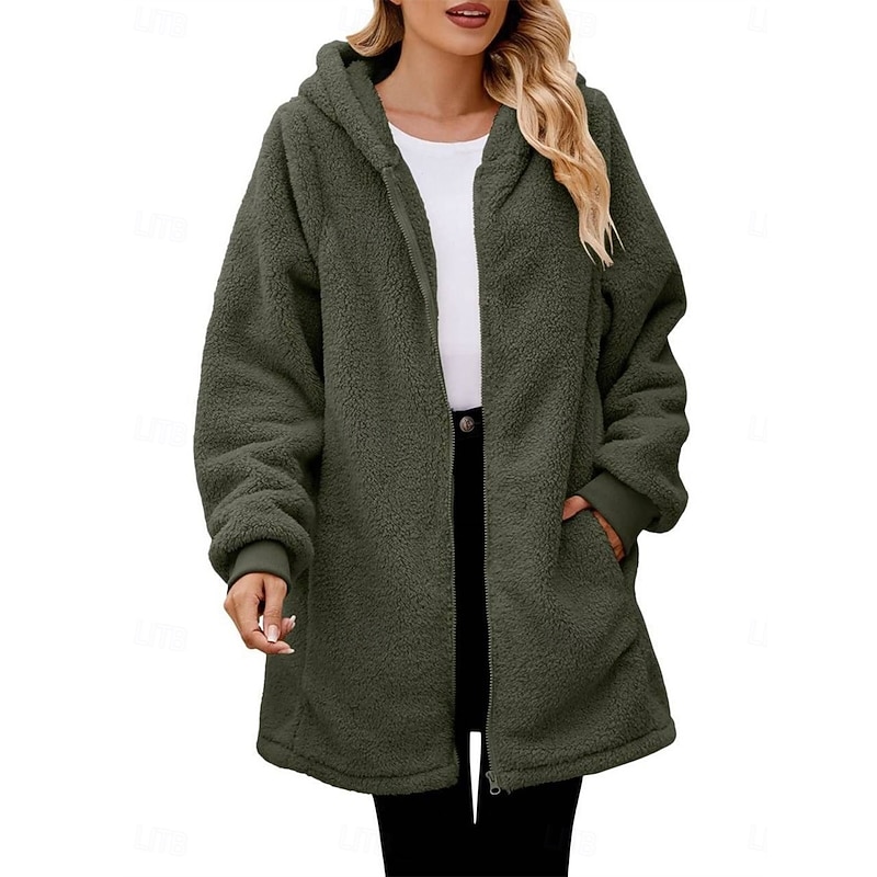 Women's Fleece Jacket Teddy Coat Hoodie Jacket Warm Breathable Zipper Pocket Fleece Lined Casual Color Block Vacation Street Daily Wear Going out Zipper Long Hoodie Regular Fit Long Sleeve Outerwear