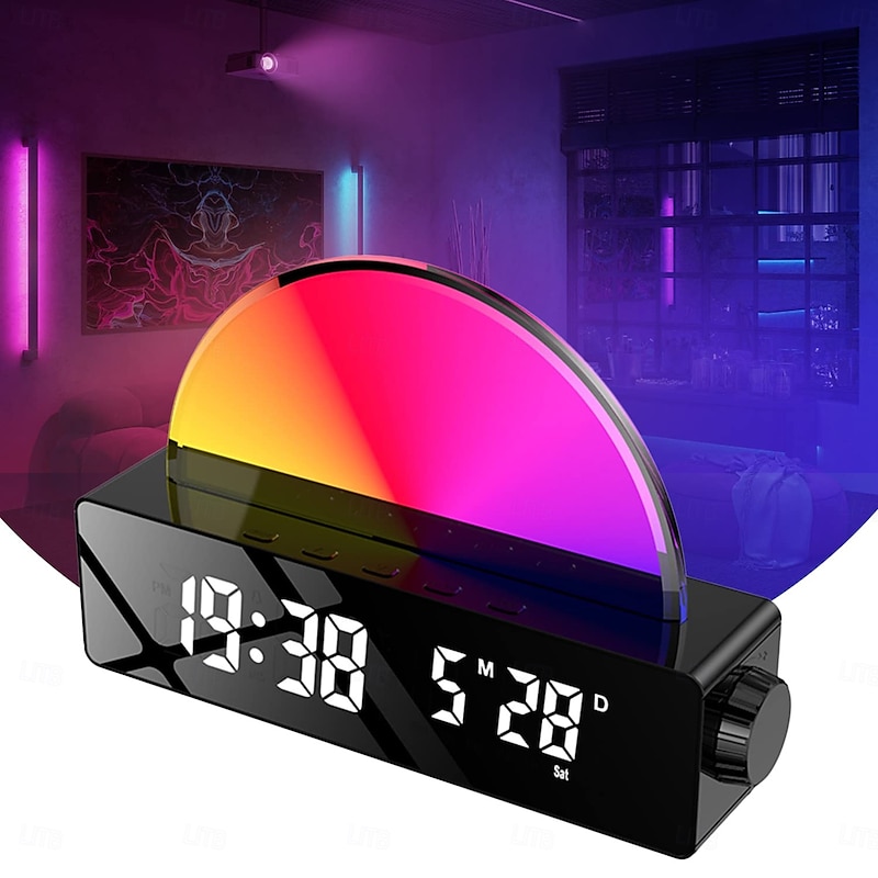 LED Smart Light Sunrise Alarm Clock Wake Up Light, Dawn Simulator Bedside Sun Lamp Multicolor Night Light with USB Charger