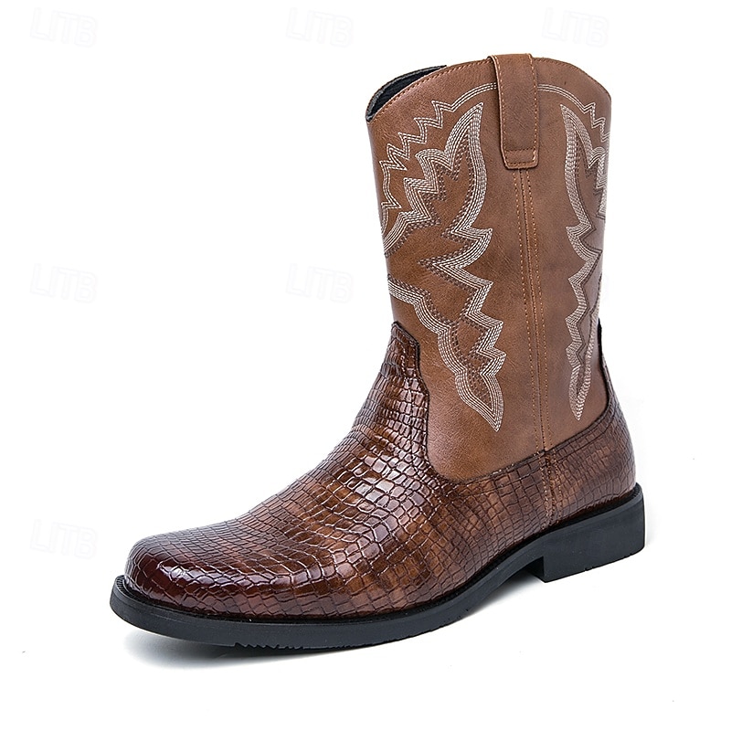 Men's Brown Western Cowboy Boots with Crocodile Texture and Embroidered Faux Leather Upper, Perfect for Ranch and Outdoor Wear2