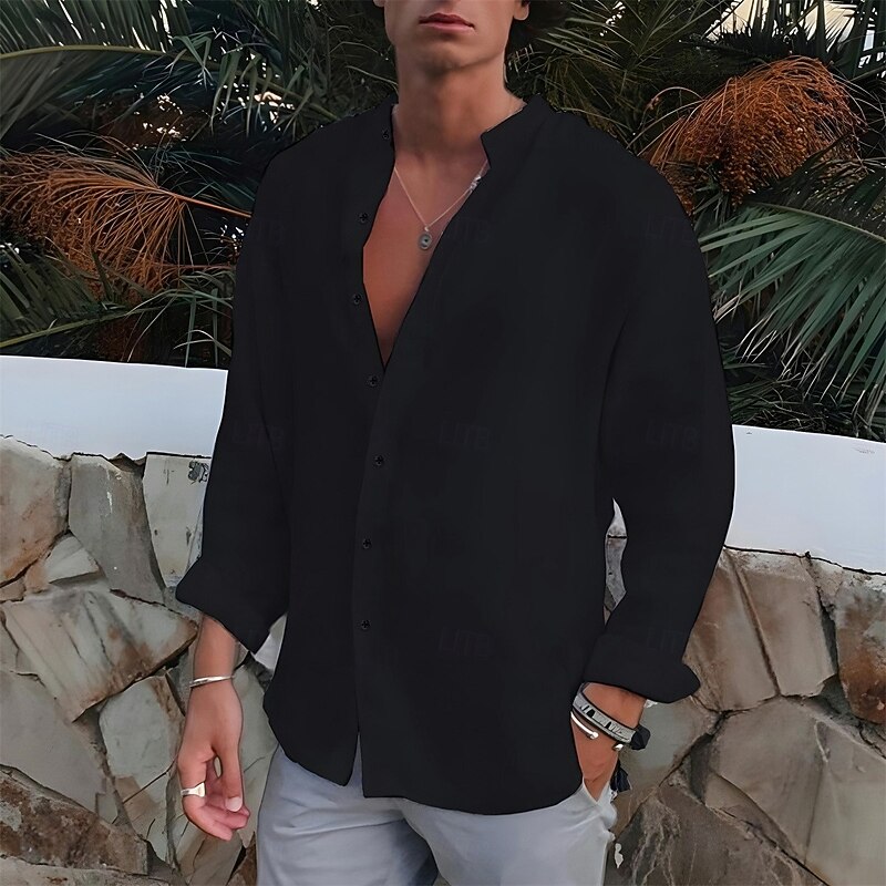 Men's Shirt Band Collar Shirt Summer Shirt Beach Wear Button Up Shirt Plain Outdoor Vacation Black White Blue Green Long Sleeve Turndown Spring &  Fall Clothing Apparel4