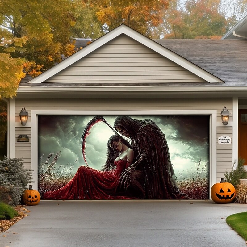 Halloween Door Decorations Outdoor Halloween Garage Door Cover Skeletons Banner Large Tapestry Backdrop Decoration for Holiday Outdoor Garage Door Home Wall Decorations 18
