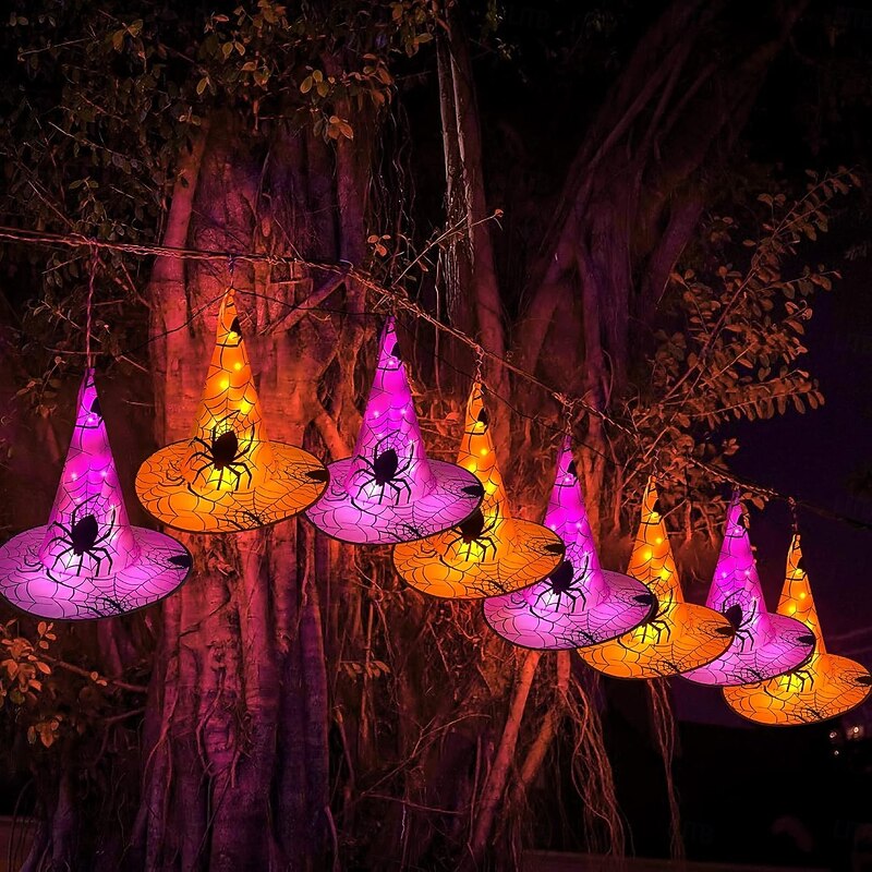 8pcs Halloween Glow Witch Hat Remote Control Outdoor Tree Hanging Lights 40LED Battery Powered Halloween Party Garden Yard Balcony Decoration2