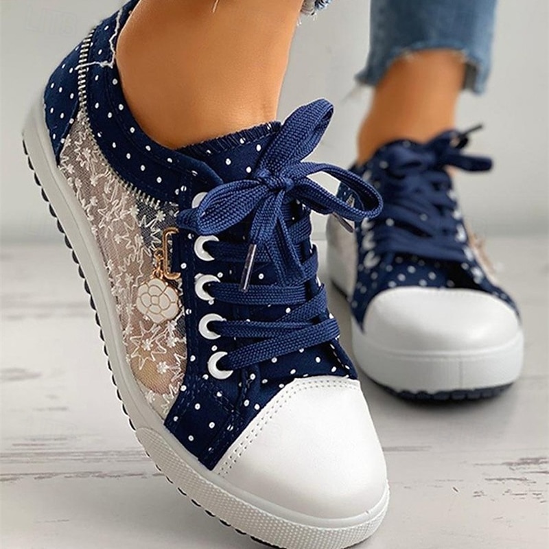 Charming Blue Lace-Up Sneakers with Floral Lace Detail - Stylish Women's Footwear with Polka Dot Accents, Perfect for Casual Outings4