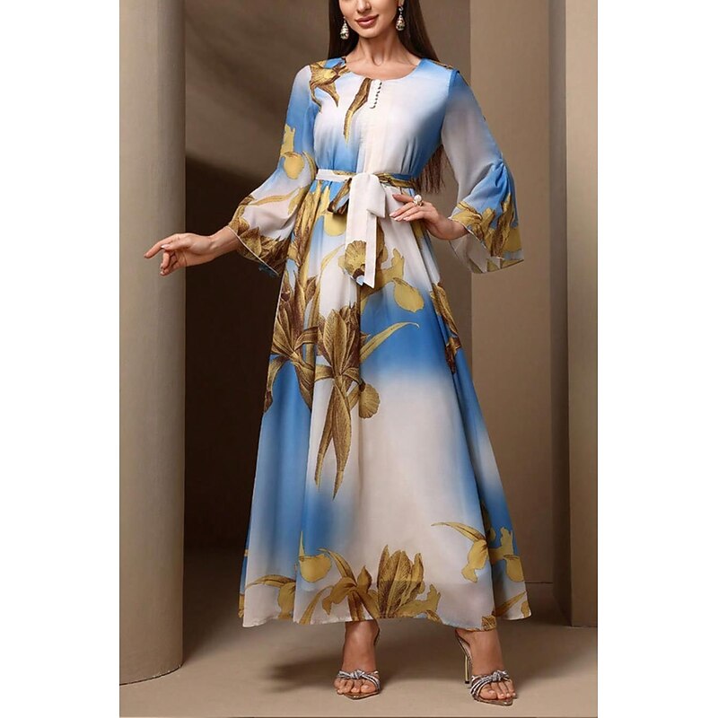 Women's Long Dress Maxi Dress Vintage Dress Cocktail Dress Wedding Guest Dress Chiffon Dress Boho Daily Holiday Loose Fit Graphic Long Sleeve Crew Neck Blue Spring Fall3