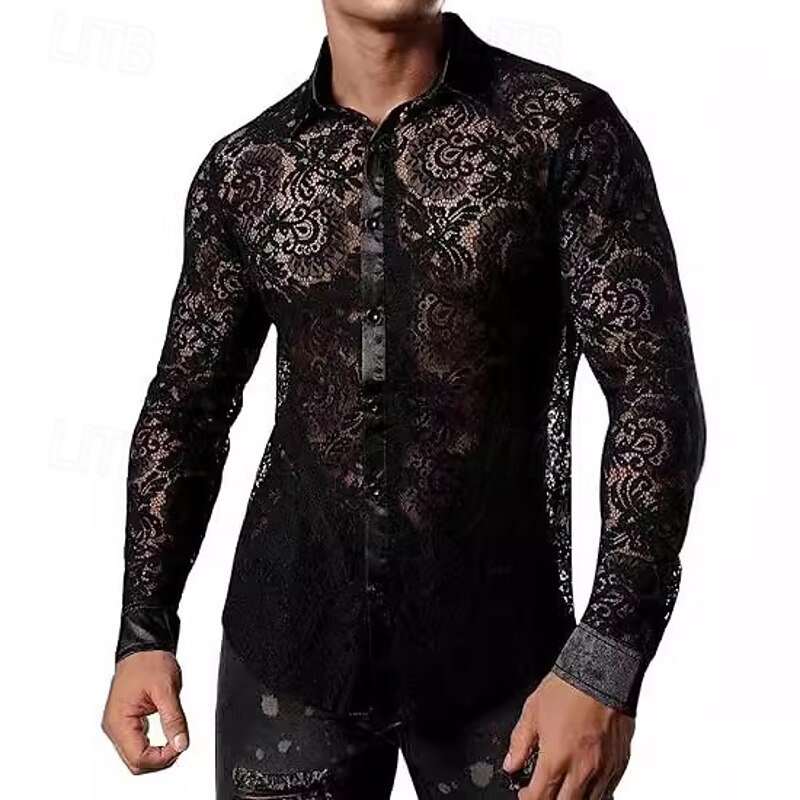 Men's Sheer Lace Button Down Shirt with Flower Design  Nightclub Party/Casual Wear4