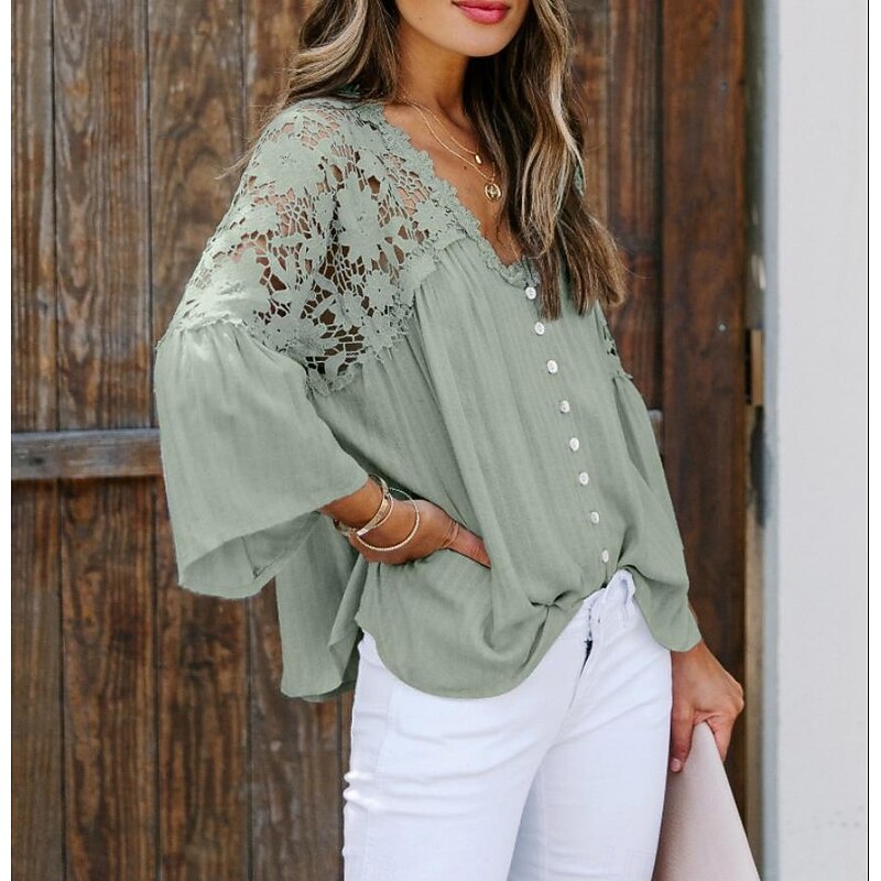 Women's White Elegant Lace Tops Eyelet Blouse Stylish Modern Lace Bell Sleeve 3/4 Length Sleeve V Neck Work Daily Black White Purple Green Spring Fall 7