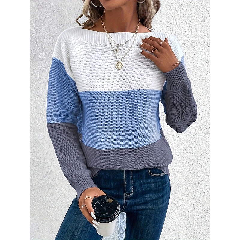 Women's Sweater Casual Soft Color Block Crew Neck Patchwork Long Sleeve Regular Tops Knit Outdoor Daily Pink Blue Spring Fall3