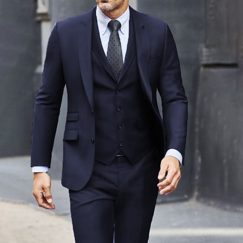 Men's Wedding Suits Notch Dark Blue Dark Gray Solid Colored Tailored Fit 3 Piece Single Breasted Two-buttons