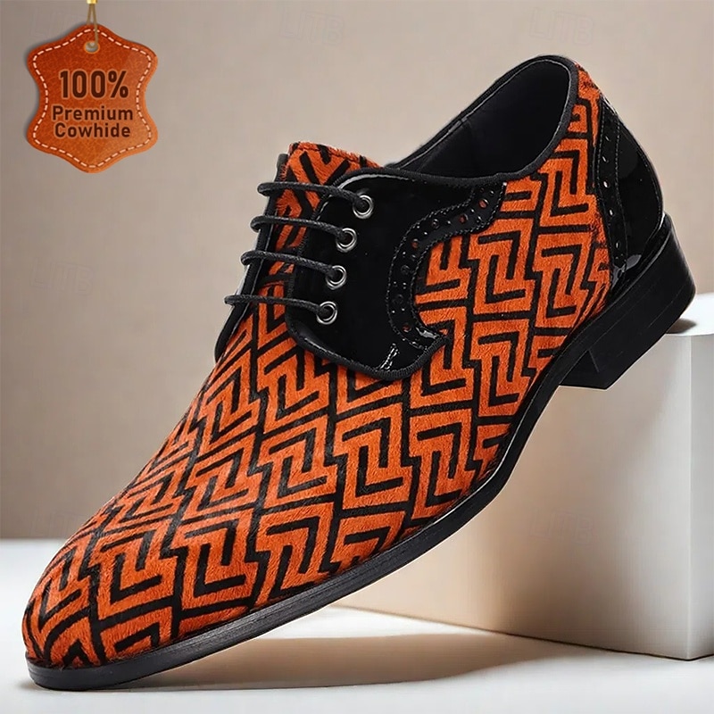 Men's Orange Geometric Pattern Pony Hair and Cowhide Leather Oxford Shoes with Patent Leather Accents, Stylish Formal Footwear for Special Occasions