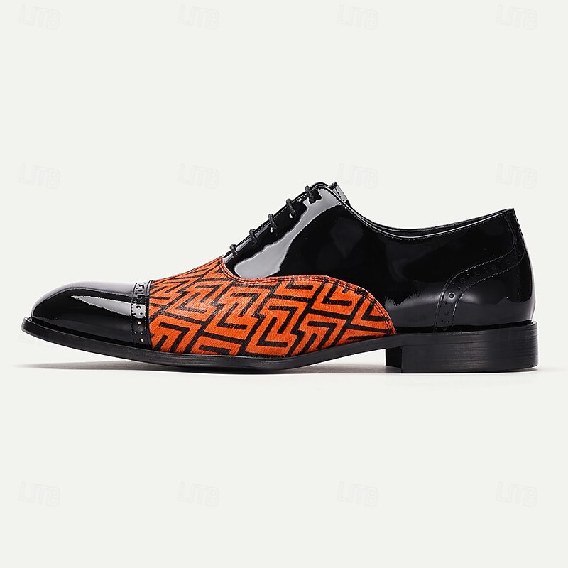Men's Black Patent Cowhide Leather and Pony Hair Dress Shoes with Geometric Pattern - Stylish Oxford Shoes for Formal Events4