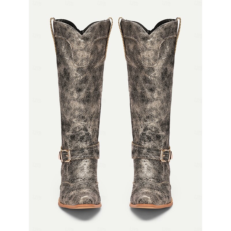 Women's Vintage Western Cowboy Boots - Distressed Metallic Finish with Decorative Buckle and Stacked Heel, Perfect for Country Style and Festivals2
