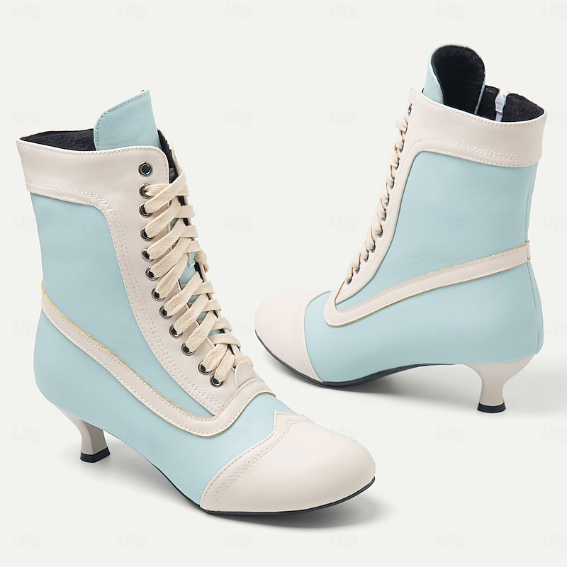 Women's Victorian White and Pink Lace-Up Mid-Heel Boots - Perfect for Vintage Themed Events and Cosplay2