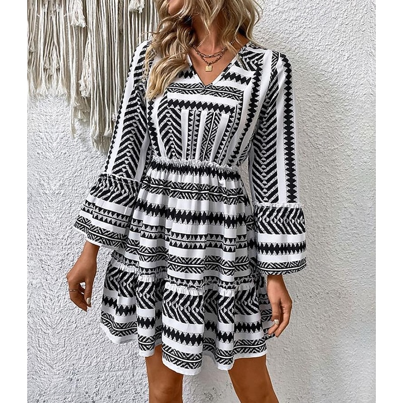 Women's Geometric Print V Neck Midi Dress 3/4 Length Sleeve Spring Fall