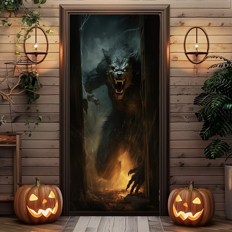 Halloween Door Decorations Halloween Door Covers Werewolf Skeleton Door Tapestry Door Curtain Decoration Backdrop Door Banner for Front Door Farmhouse Holiday Party Indoor Outdoor Decor Supplies 5